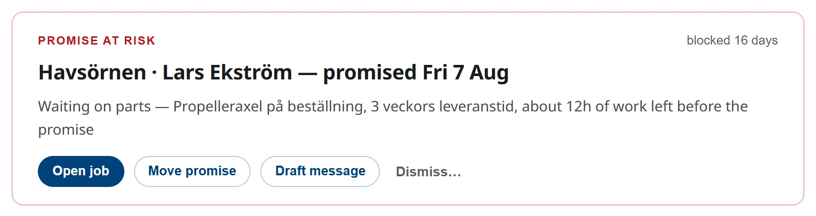 The AquaTrack morning briefing. It opens with the count of things that need the owner today, and under it the first of them: a boat promised Friday that is still waiting on parts, with about twelve hours of work left before that promise.